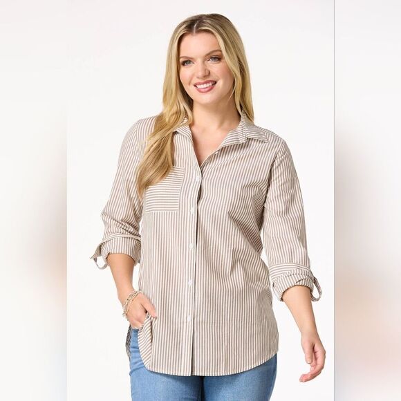 Catos Brown & White Stripe High-Low Shirt, Buttons Down the Back, Sz XL, NWT - Picture 1 of 12
